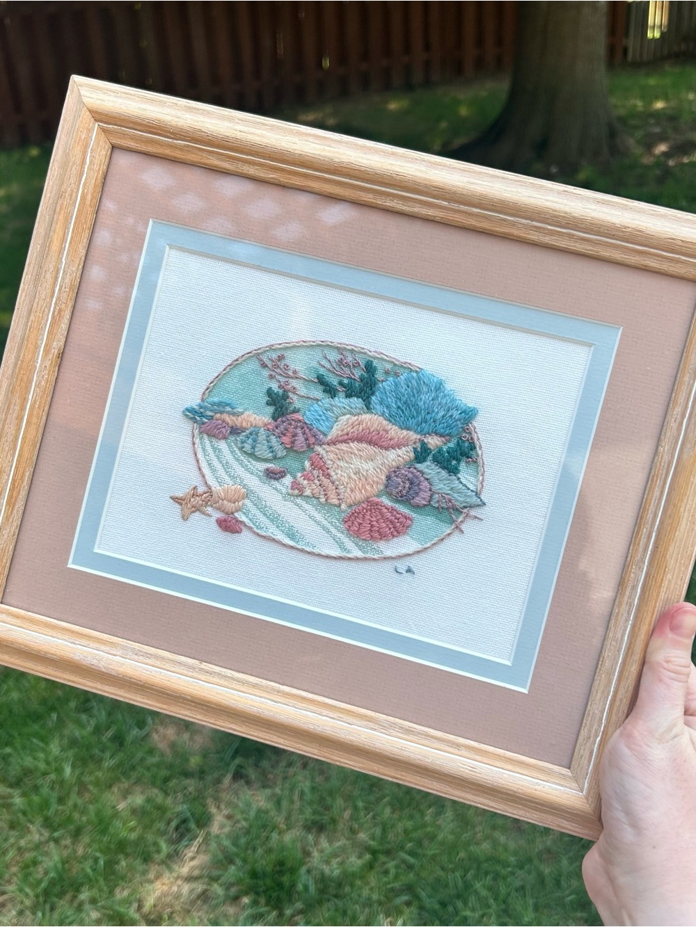 Framed Seashell Embroidered Art Coastal